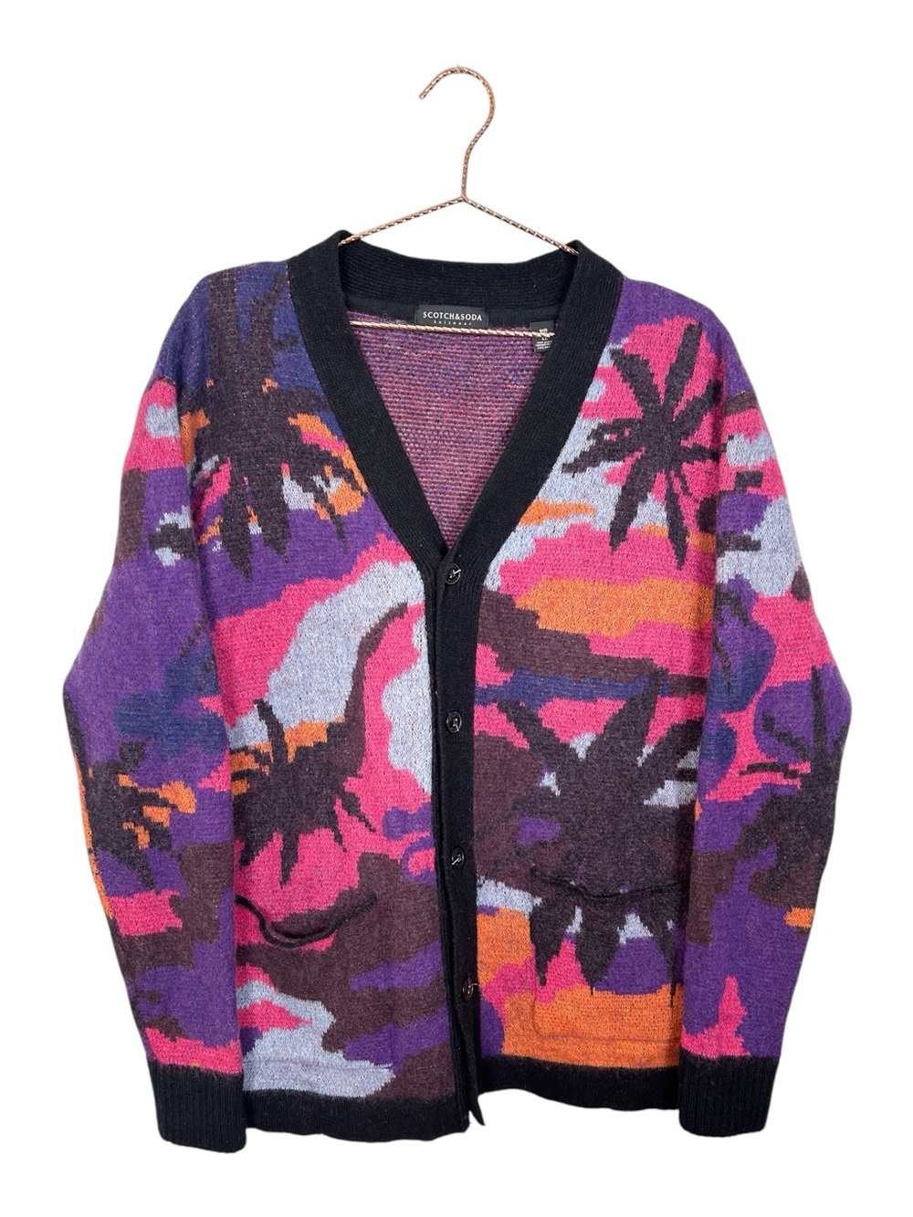 Scotch & Soda Purple Pink Orange Palm-Print V-Neck Cardigan